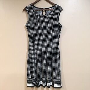 Max Studio Polka Dot Sleeveless Fit Flare Dress Black White Sz L Nautical Preppy